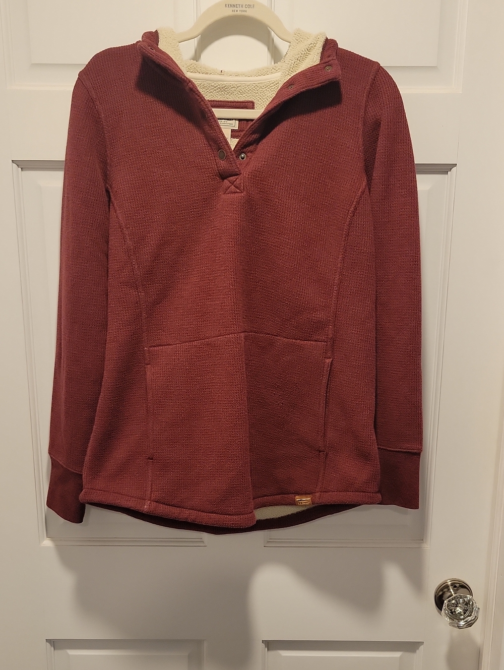 L.L. Bean Sherpa-Lined Waffle Knit Snap Pullover Hoodie Burgundy Maroon